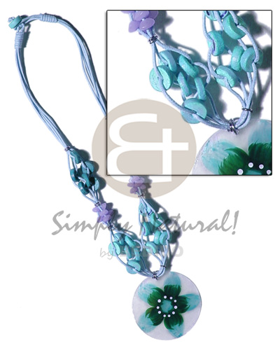 4 layer knotted aqua blue cord  coco pokalet & buri accent and 40mm  handpainted capiz pendant - Home