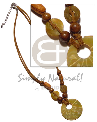 40mm round MOP pendant in 2 layer wax cord  wood beads & shell accent - Home