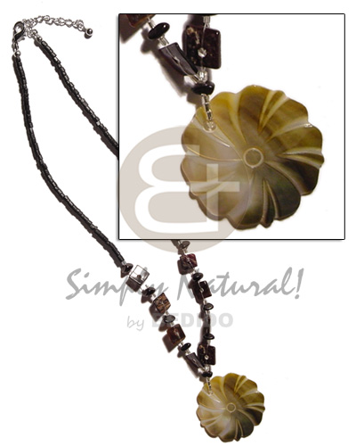 2-3mm black coco heishe  sq. cut black tab accent & 35mm flower blacklip pendant - Home