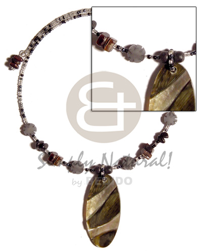 45mmmx20mm oval blacklip  skin & black resin pendant combination in choker wire glass beads  shells & buri seed beads & bone accent - Home