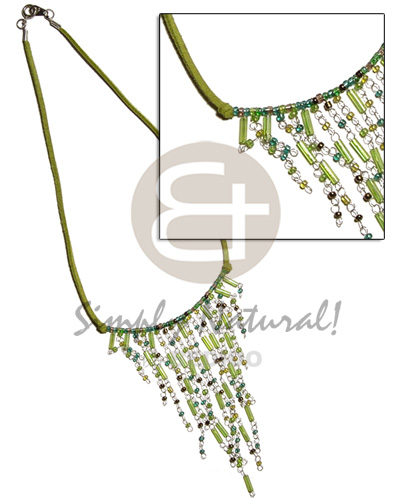 dangling green tones glass beads in metal looping  leather thong - Home