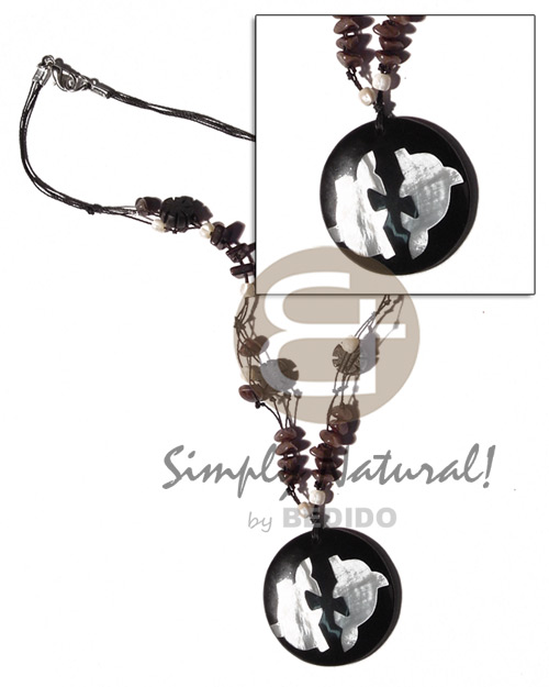 knotted wax cord  buri seeds & shell beads & inlaid dolphin hamershell round 40mm pendant - Home
