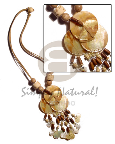 3 overlapping  25mm MOP  wood beads & shell heishe & hammershell chips tassles in 2 layer leather thong - Home