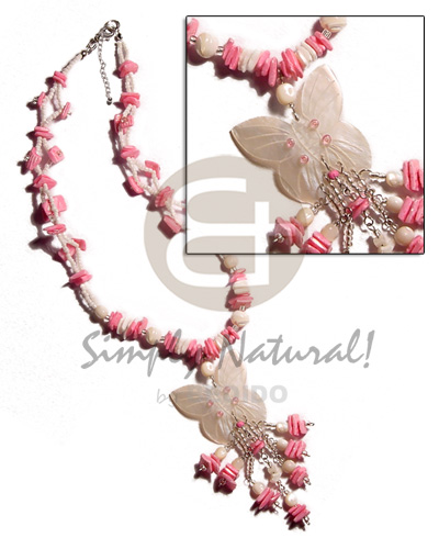 white rose/pink white rose combination  glass beads & 40mm butterfly nat. hammershell  dangling tassled shells - Home