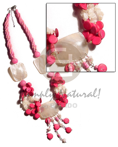 3 layers twisted pink 2-3mm coco heishe  buri beads, coco sidedrill, shell chips , 3 pcs. 30mmx25mm rectangular nat. hammershell / tassled - Home