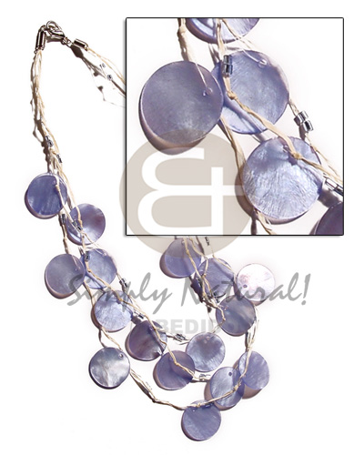 3 rows raffia in graduated length  21 pcs. round 18mm lilac hammershell  and glass beads accent - Home