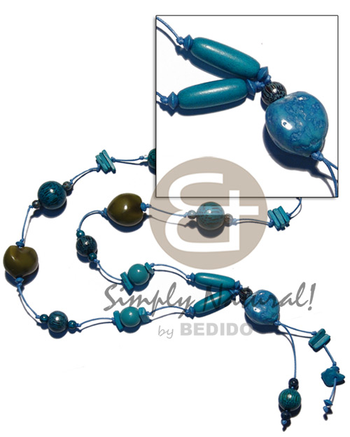 36 in. tassled wax cord  painted marbled & asstd. wood beads   colored kukui nut / blue/green tones - Home