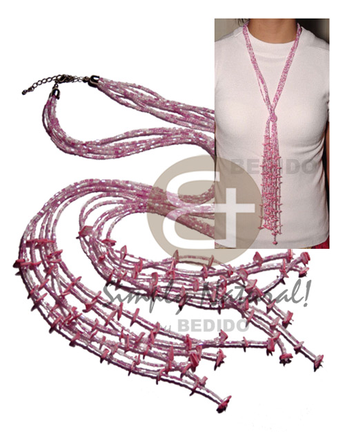 scarf necklace - 7 rows pink/white cut glass beads  tassled white rose shell in pink / 46 in. - Home