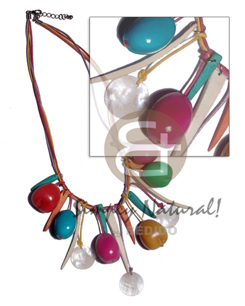 bora bora necklace- dangling colored kukui nuts  indian stick & round nat. white hammershell accent and 3 layer wax cord - Home