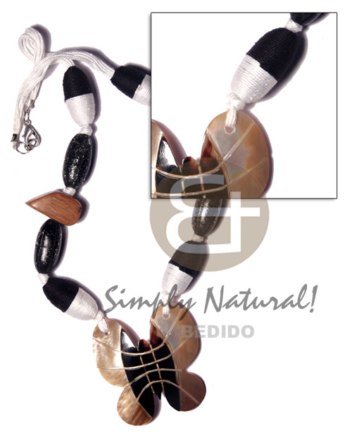 nat. white wood beads in black  wrapped  wood beads combination & 45mm brownlip butterfly  pendant   skin - Home
