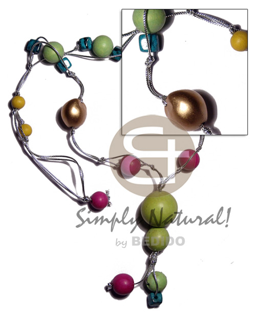 kukui & colored wood beads combination in silver cord ( 32 in ) - Home
