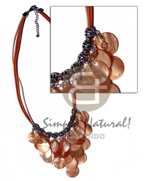 cleopatra- dangling 18mm ( 25pcs.) orange hammershell  metal & acrylic crystals accentaccent in triple orange/beige wax cord - Home
