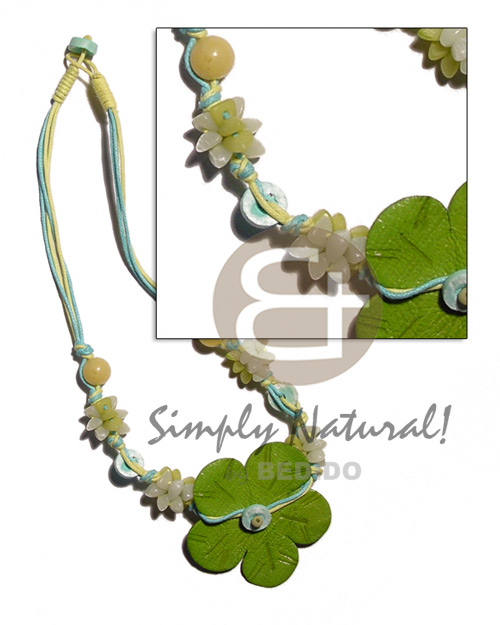 light yelloblue 3 layer wax cord  buri seeds, shell & white rose beads combination  green leather flower accent - Home