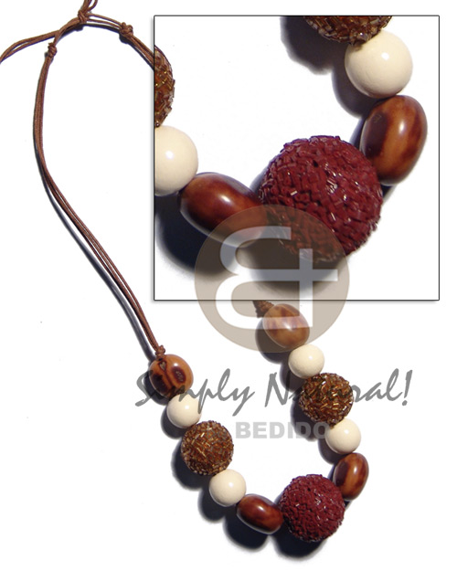 15mm buffed white wood beads  rubber seed and 20mm/25mm wrapped in cut glass wood beads combination in double wax cord / 35in adjustable - Home