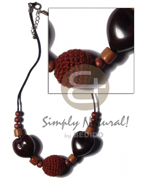 20mm round brown crochet wood beads, brown kukui nuts and wood beads combination in orange wax cord - Home