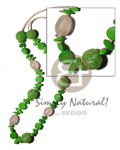 2-3mm bleach coco Pokalet 25mm wrapped wood beads in cut glass beads  resin, asstd. wood beads combination in lime green tones / 38 in - Home