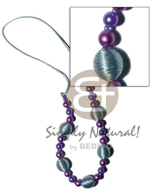 20mm wrapped wood beads  golden wood beads, pearl combination in lilac/light blue tones on lilac satin cord / 30 in - Home