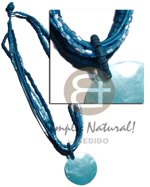 6 rows-2-3mm blue tones coco heishe, glass beads & wax cord neckline  40mm aqua blue round hammershell pendant - Home