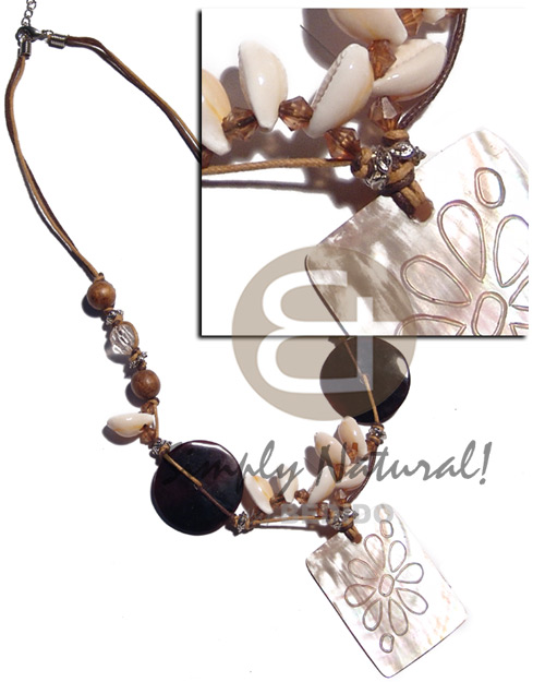2 layer wax cord  wood beads,sigay, acrylic crystals, 30mm black tab accent and 50mmx40mm rectangular brownlip  etched flower design pendant - Home