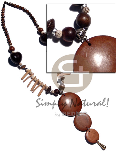 round woods beads  brown kukui nuts, coco sticks, buri tiger seed and dangling graduated dyed nat. wood  circles  - 50mm/35mm/30mm - Home