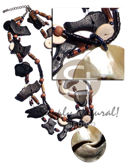 3 rows sig-id, black coco chips, 15mm coco center drill, black coco heishe, woods beads combination  50mm blacklip pendant  skin - Home
