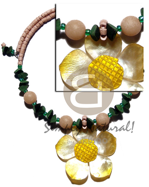 2-3mm natural coco heishe choker wire  buri nuggets/seeds & graduated yellow hammershell 45mm flower pendant - Home