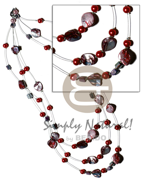 floating red kabibe shell nuggets in 3 graduated rows of magic wire  28" / 24" / 22"   pearl beads accent - Home