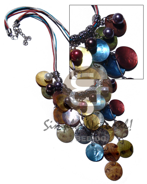 cleopatra- dangling 20mm ( 23pcs.) multicolored hammershells  skin  metal & pearl beads accent in 4 layers wax cord - Home