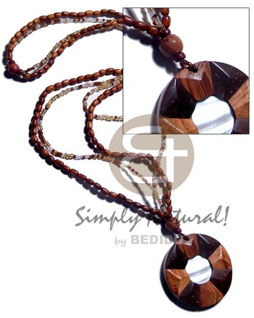 2 layers lacquered bayong ricebeads & glass beads combination   polished 50mm round coco/bayong combination wood  inlaid hammershell center pendant / 28 in. - Home