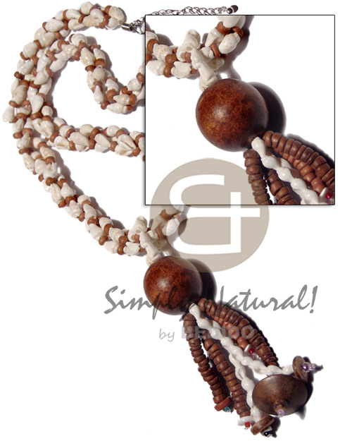 3 layers twisted and tassled nassa white, 4-5mm coco Pokalet  round 25mm robles wood beads accent / 18in. - Home