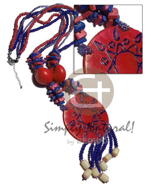 3 layers 2-3mm coco Pokalet  and glass beads  kukui nuts, coco squarecut and tassled buri seeds and 60mm hapdpainted and laminated 60mm capiz shell / red and navy blue tones  / 22in. - Home