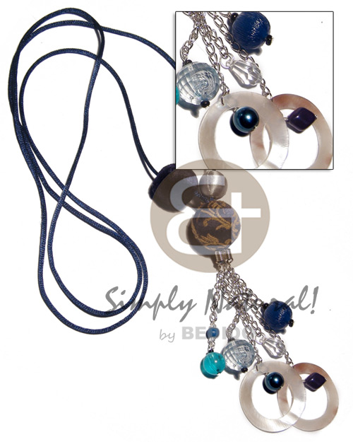 tassled navy blue satin cord  15mm,25mm and 20mm wrapped nat. wood beads and dangling metal chains  hammershell rings etc accent/ 26in plus 3in. tassles - Home