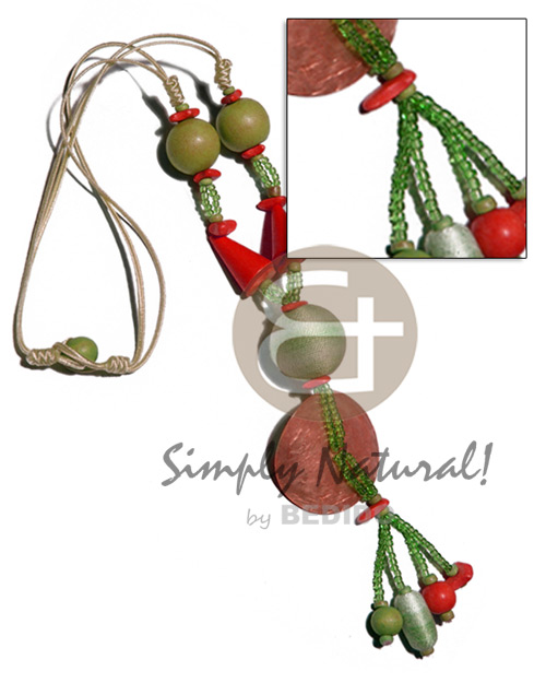 tassled 2 layers beige satin cord  glass and wood beads, 7-8mm coco Pokalet, coco chips, round 25mm wrapped wood beads & 45mm round laminated capiz / red and olive drab tones / 22in. plus 2in tassles - Home