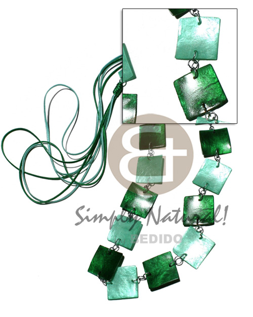 4 layers satin cord    single row 17 pcs. square 25mm laminated capiz in metal rings/  40in / in dark green and light green tones - Home