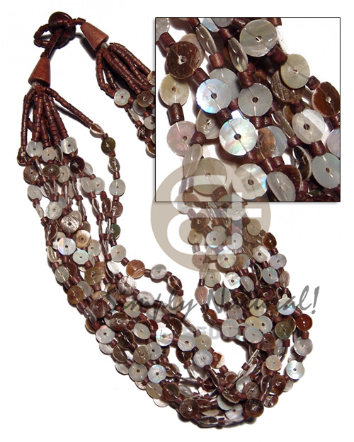 10 rows 8mm round greenshell chips  skin and 2-3mm coco heishe/wood beads in subdued brown tones - Home
