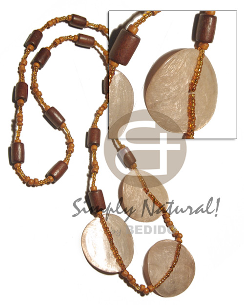4-5mm chocolate coco Pokalet  nat. wood tube in brown combination, amber glass beads and 3 pcs. 45mm laminated capiz shells / 36in - Home