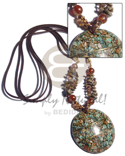 3 rows brown leather thong  stone nuggets and round crushed limestones 60mm pendant in resin  brass wire/ 24in - Home