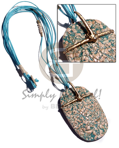 4 rows aqua blue wax cord  glass beads accent and 70mmx45mm textured resin  crushed stones and golden nito pendant holder / 22in - Home