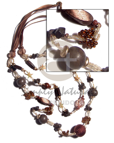 2 layers in graduated rows 34in/28in. bronze tone asstd. wood beads, wrapped and crystal  accent  golden cut and glass beads combination  gold coco Pokalet and star sequins accent in organza ribbon and wax cord combination neckline/ 34in - Home