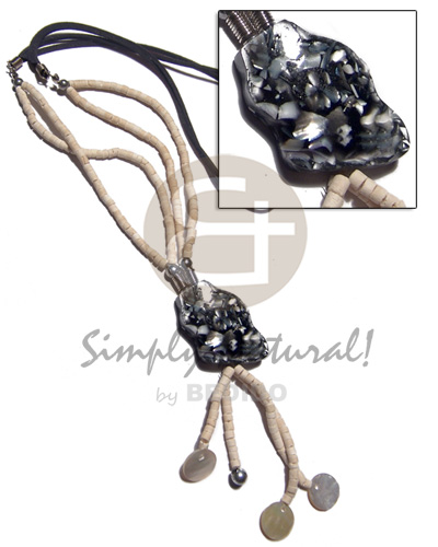 tassled shell chips in black resin  double row 2-3 coco heishe bleach and black leather thong combination / 24in. plus 2.5in tassles  shells - Home