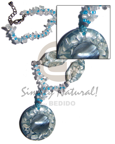 crystal nuggets  40mm shell chips laminated in resin pendant and hammershell accent / aqua blue tones /18in - Home