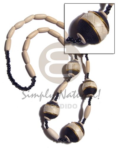 nat. white wood capsules  oval wood beads 25x18mm wraped in thread and banig combination / black and gold tones / 28in - Home