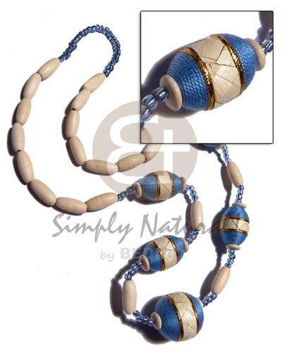 nat. white wood capsules  oval wood beads 25x18mm wraped in thread and banig combination / light blue and gold tones / 28in - Home