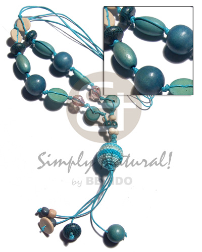 asstd wood beads in 2 rows wax cord  20mm wrapped wood bead and 2.5 in. tassles / aquamarine tones - Home