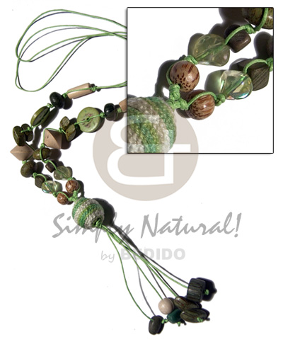2 layers knotted wax cord  asstd.  wood beads and 20mm tassled wrapped wood beads / neon green and olive green tones / 28mm plus 3in. tassles - Home