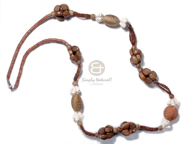 4-5mm coco heishe  robles wood and wrapped  25mmx15mm oval and 20mm round wood beads  white nassa ring accent / 32in - Home