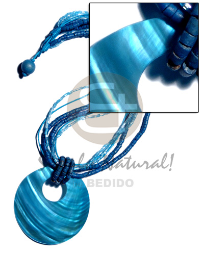 45mm round kabibe shell pendant on 2 layers 2-3mm coco heishe/2layers wax cord/2layers cut glass beads / aqua blue tones - Home