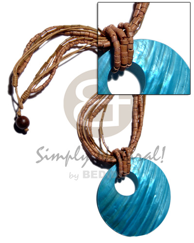 45mm round aqua blue kabibe shell pendant on 2 layers 2-3mm coco heishe/2layers wax cord/2layers cut glass beads in brown tones - Home