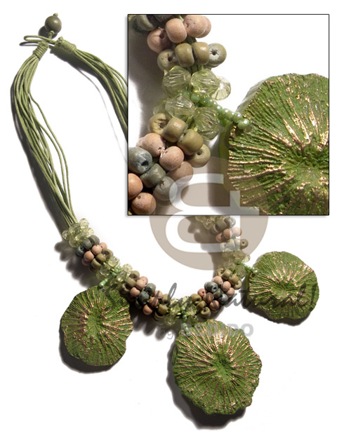 12 rows lime green wax cord  matching acrylic beads,wood bead rings and 3 pcs. dangling resin nuggets (48mmx50mm/40mmx38mm)  metallic god accent / 17 in - Home
