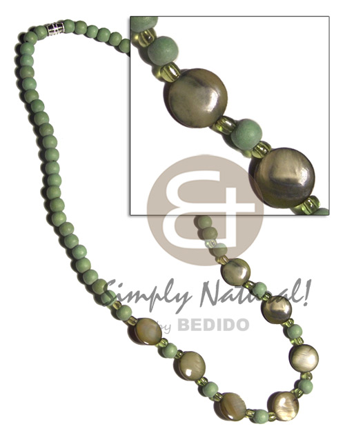 6mm light green wood beads  13mm laminated flat round kabibe shells in olive green tones / barrel lock / 18in - Home